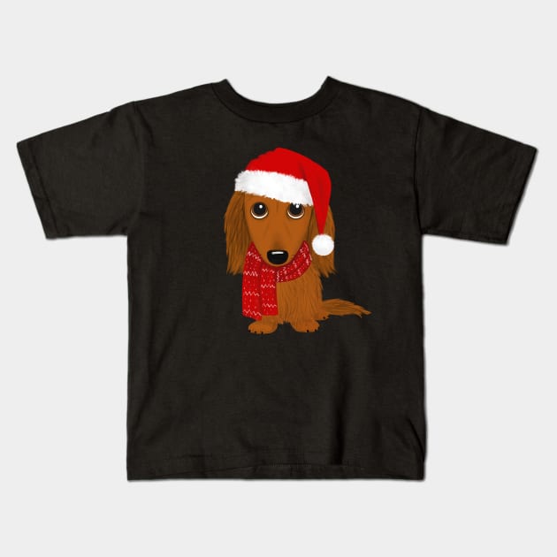 Longhaired Dachshund with Santa Hat Cute Christmas Wiener Dog Kids T-Shirt by Coffee Squirrel